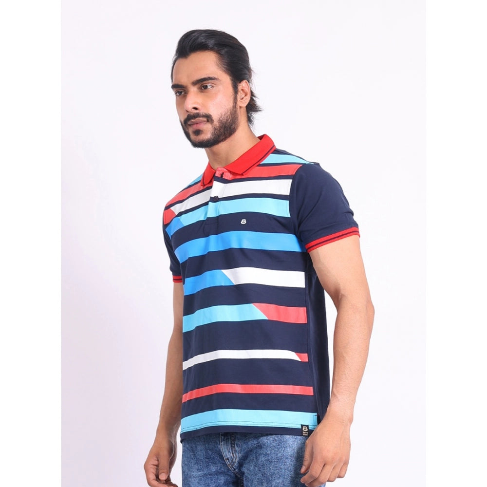 Men's Casual Cotton Printed Polo Neck Half Sleeve T-Shirt (Navy)