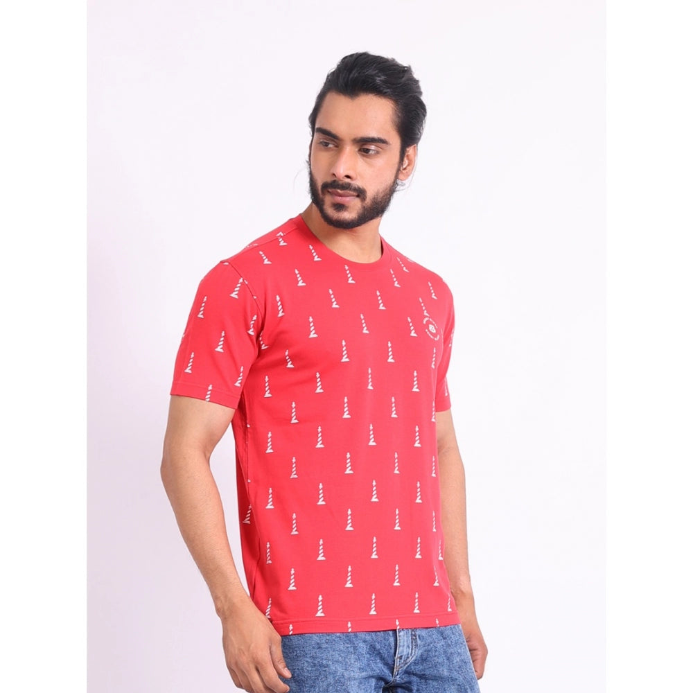 Men's Casual Cotton Printed Round Neck Half Sleeve T-Shirt (Red)