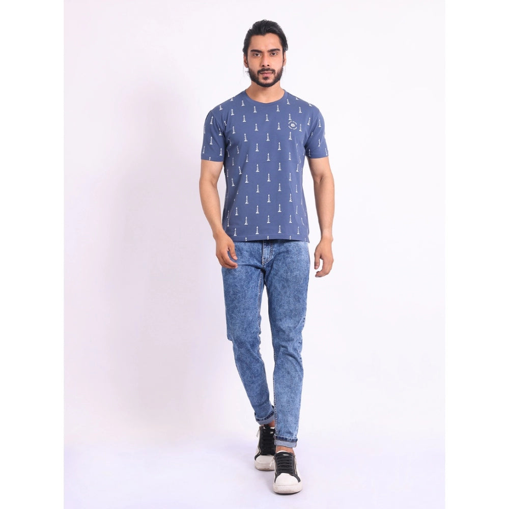 Men's Casual Cotton Printed Round Neck Half Sleeve T-Shirt (Blue)