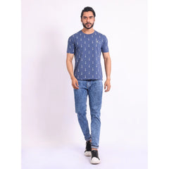 Men's Casual Cotton Printed Round Neck Half Sleeve T-Shirt (Blue)