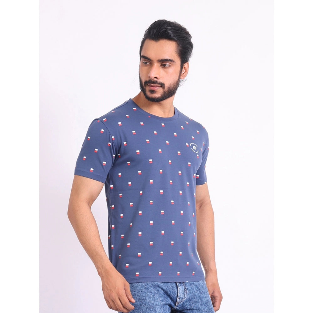 Men's Casual Cotton Printed Round Neck Half Sleeve T-Shirt (Blue)