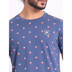 Men's Casual Cotton Printed Round Neck Half Sleeve T-Shirt (Blue)