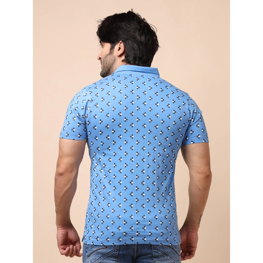 Men's Casual Cotton Printed Polo Neck Half Sleeve T-Shirt (Blue)