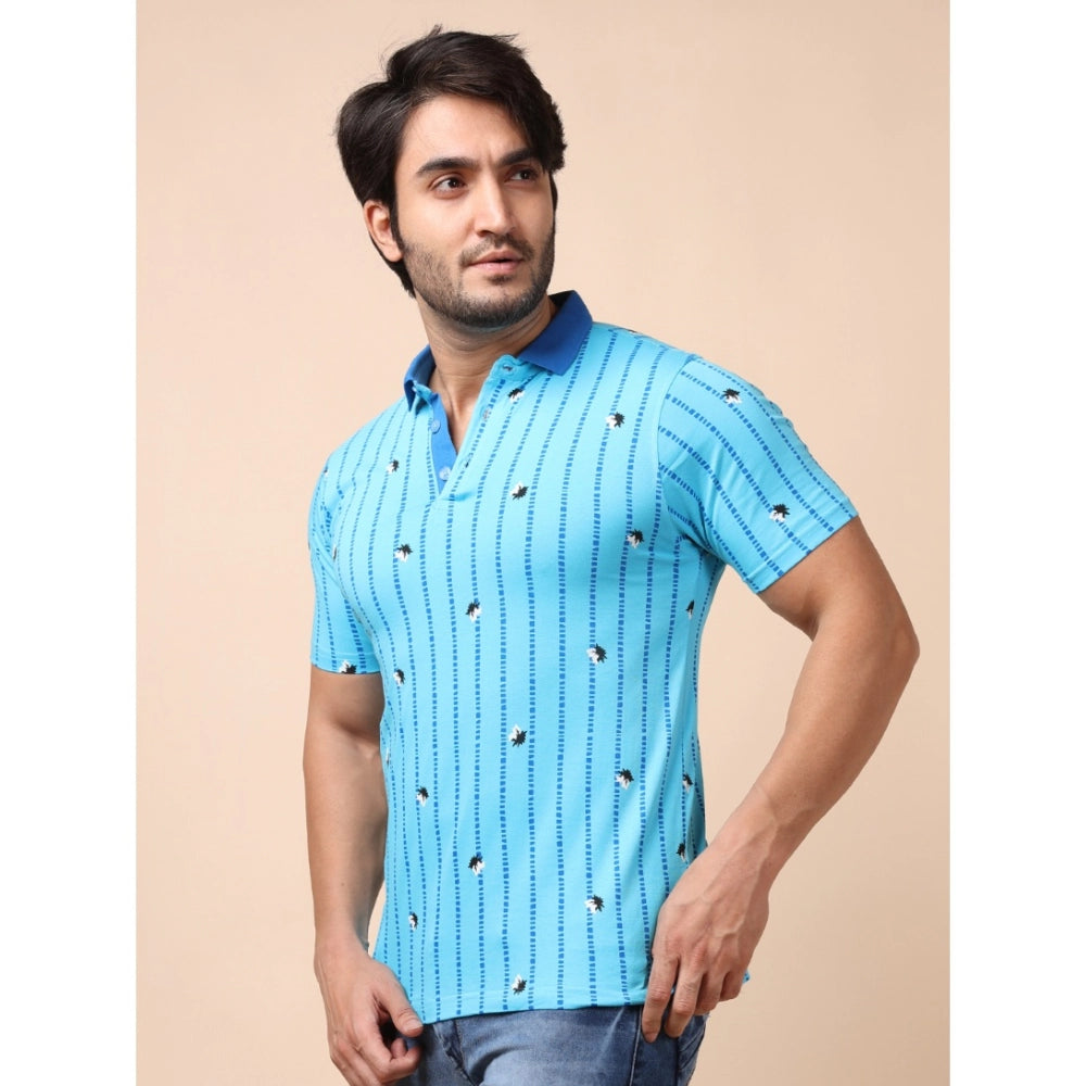 Men's Casual Cotton Printed Polo Neck Half Sleeve T-Shirt (Skyblue)