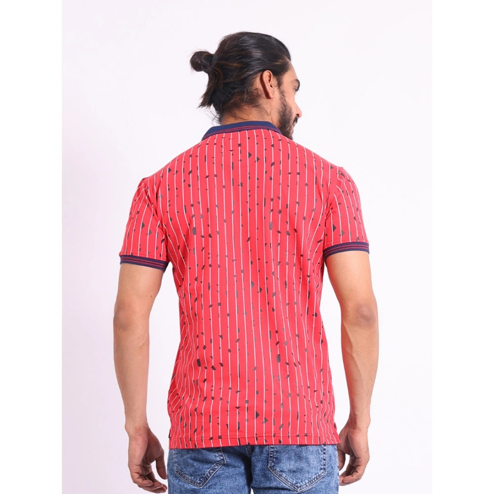 Men's Casual Cotton Printed Polo Neck Half Sleeve T-Shirt (Red)