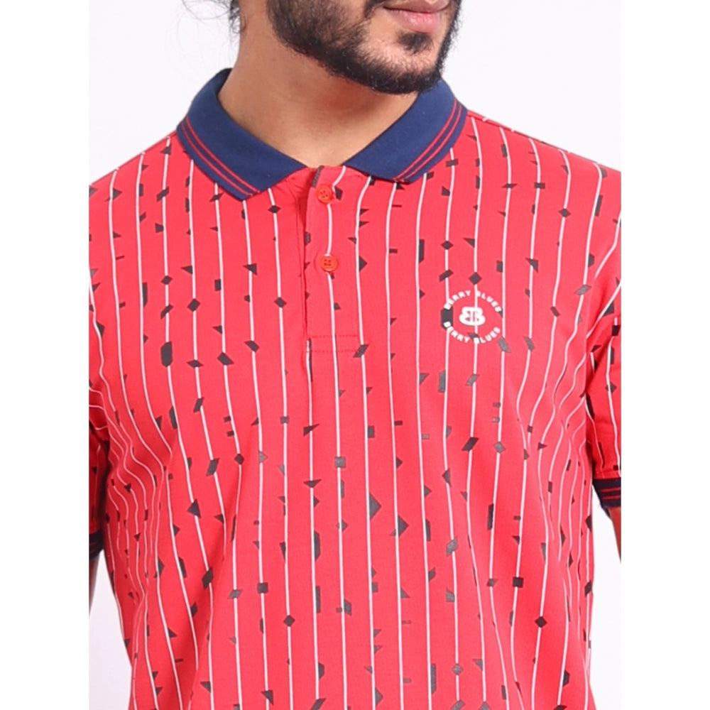 Men's Casual Cotton Printed Polo Neck Half Sleeve T-Shirt (Red)