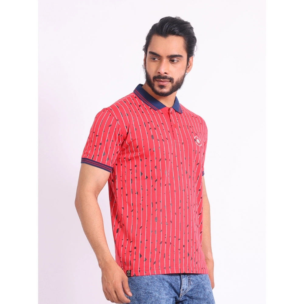 Men's Casual Cotton Printed Polo Neck Half Sleeve T-Shirt (Red)