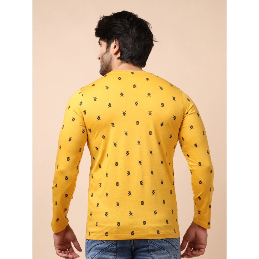 Men's Casual Cotton Printed Round Neck Full Sleeve T-Shirt (Mustard)