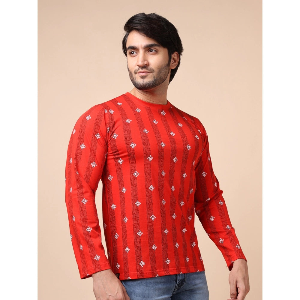 Men's Casual Cotton Printed Round Neck Full Sleeve T-Shirt (Red)