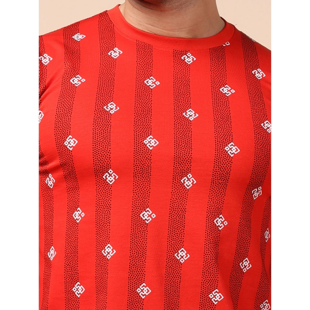 Men's Casual Cotton Printed Round Neck Full Sleeve T-Shirt (Red)