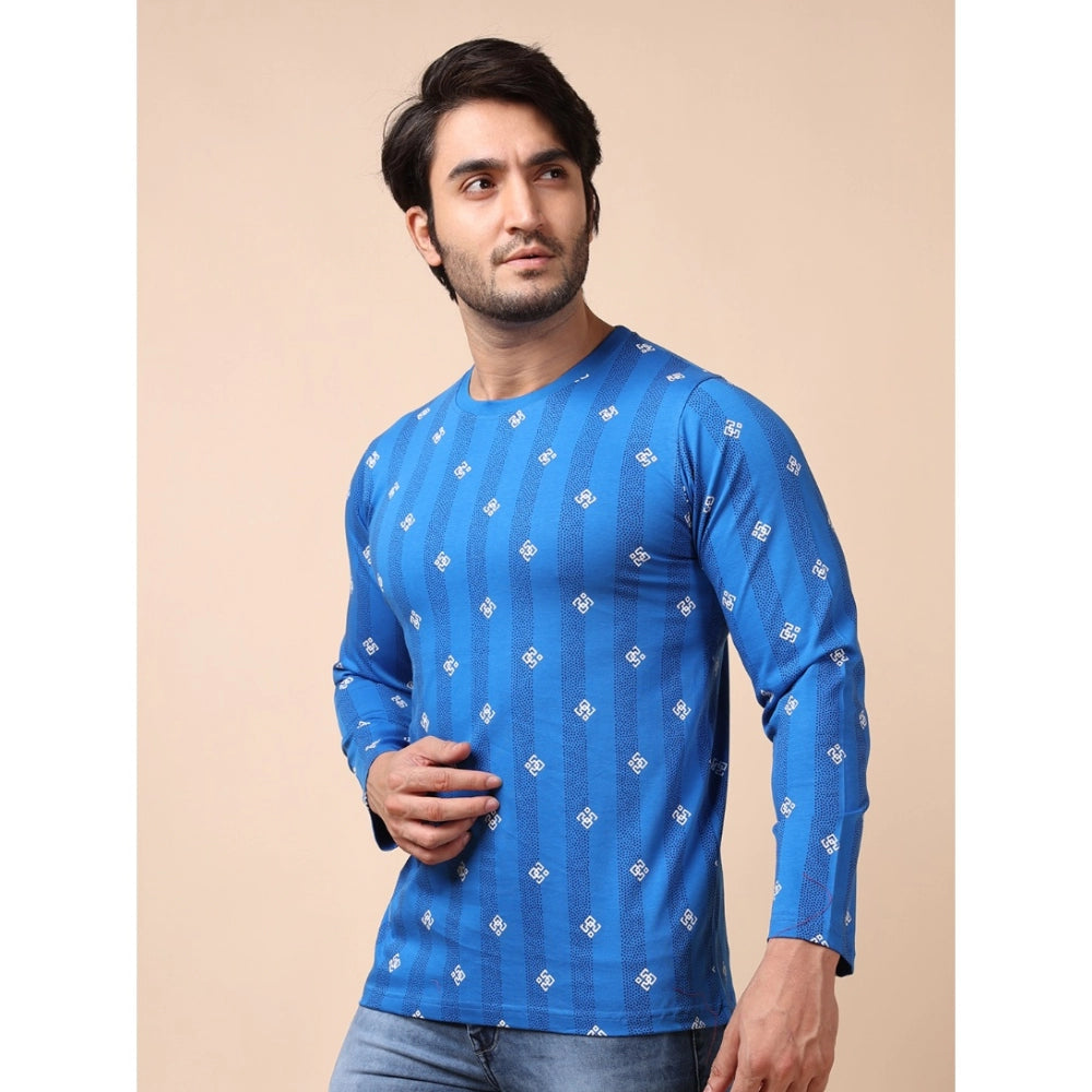 Men's Casual Cotton Printed Round Neck Full Sleeve T-Shirt (Blue)