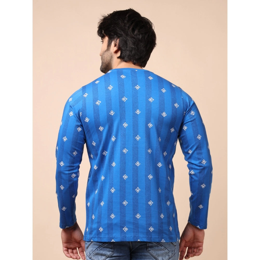 Men's Casual Cotton Printed Round Neck Full Sleeve T-Shirt (Blue)