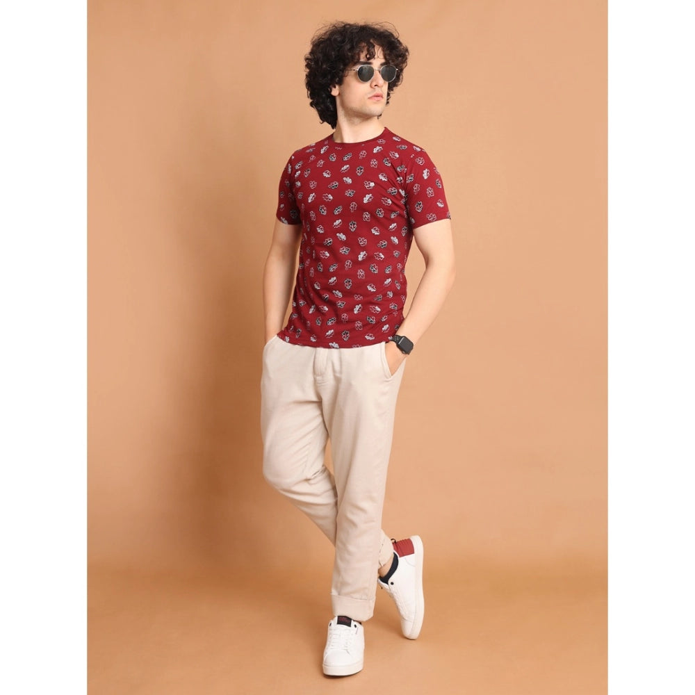 Men's Casual Cotton Printed Round Neck Half Sleeve T-Shirt (Maroon)