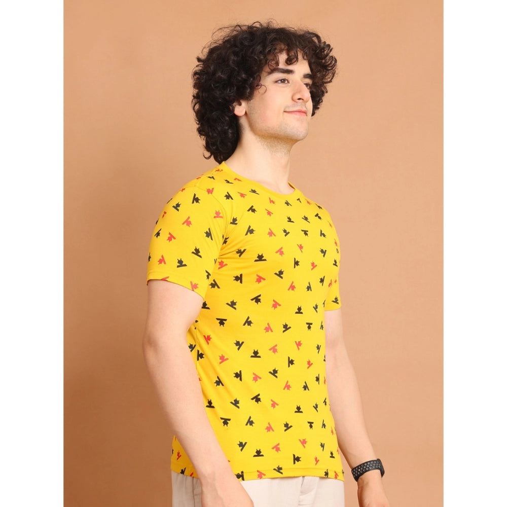 Men's Casual Cotton Printed Round Neck Half Sleeve T-Shirt (Yellow)