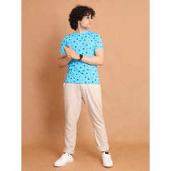 Men's Casual Cotton Printed Round Neck Half Sleeve T-Shirt (Skyblue)