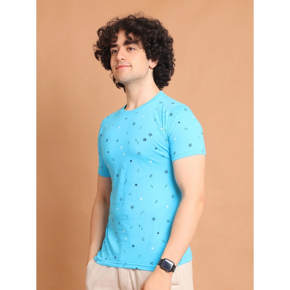 Men's Casual Cotton Printed Round Neck Half Sleeve T-Shirt (Skyblue)