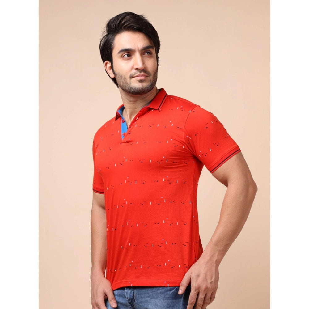 Men's Casual Cotton Printed Polo Neck Half Sleeve T-Shirt (Red)