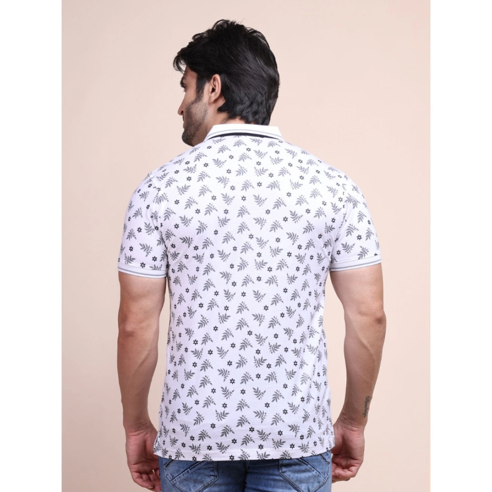 Men's Casual Cotton Printed Polo Neck Half Sleeve T-Shirt (White)