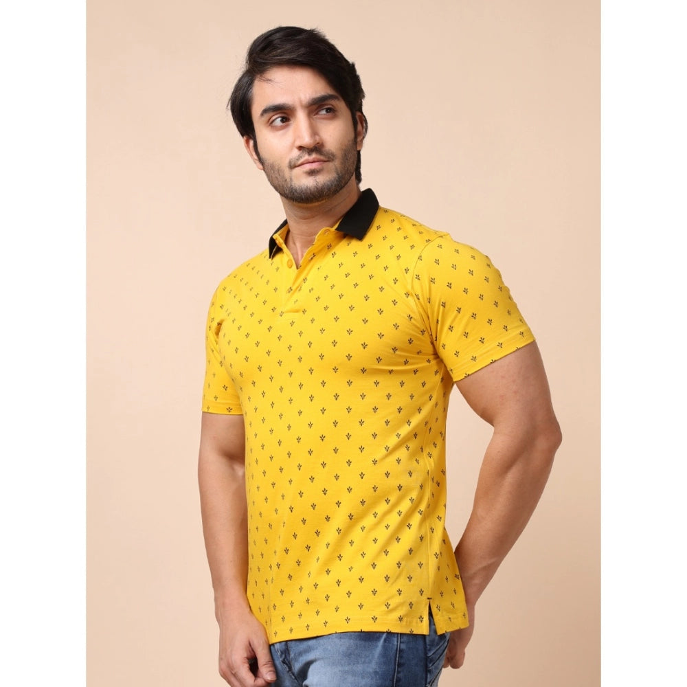 Men's Casual Cotton Printed Polo Neck Half Sleeve T-Shirt (Yellow)