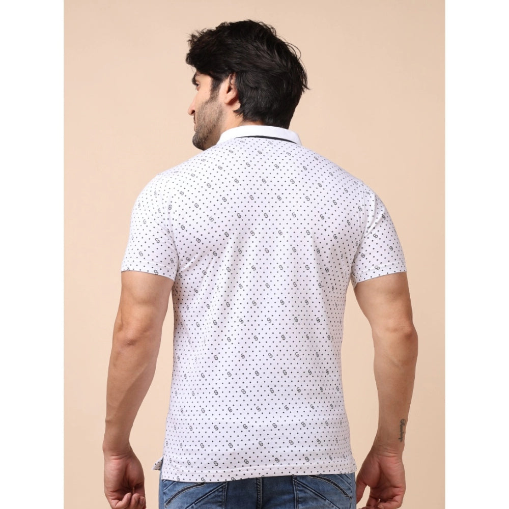 Men's Casual Cotton Printed Polo Neck Half Sleeve T-Shirt (White)