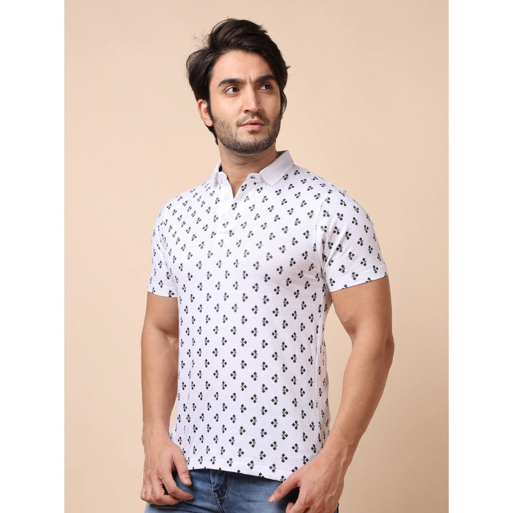 Men's Casual Cotton Printed Polo Neck Half Sleeve T-Shirt (White)