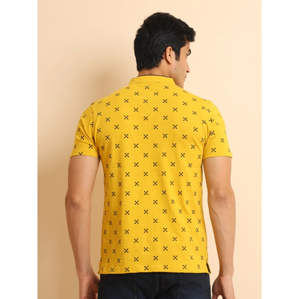 Men's Casual Cotton Printed Mandarin Collar Half Sleeve T-Shirt (Mustard)