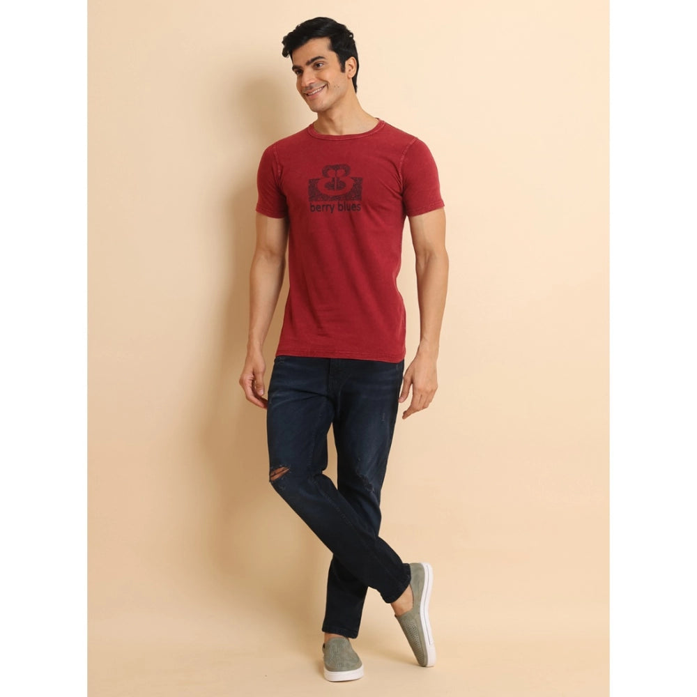 Men's Casual Cotton Printed Round Neck Half Sleeve T-Shirt (Maroon)