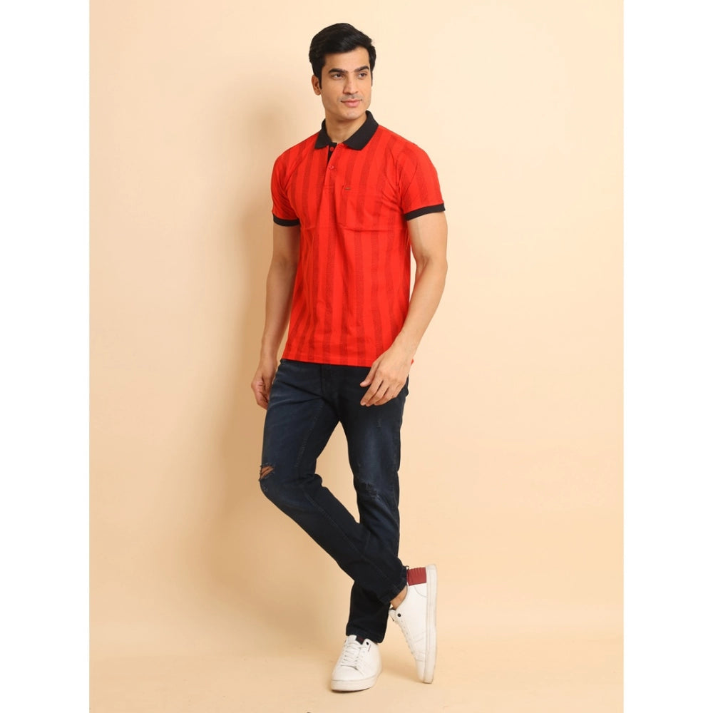 Men's Casual Cotton Printed Polo Neck Half Sleeve T-Shirt (Red)