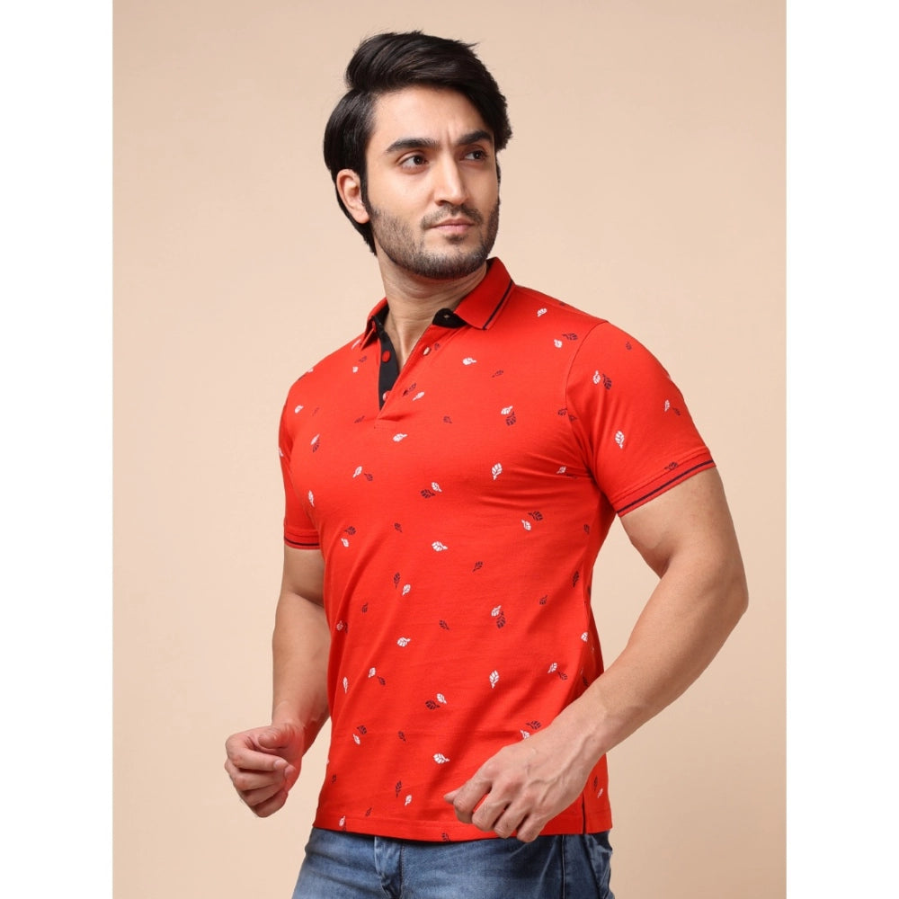 Men's Casual Cotton Printed Polo Neck Half Sleeve T-Shirt (Red)