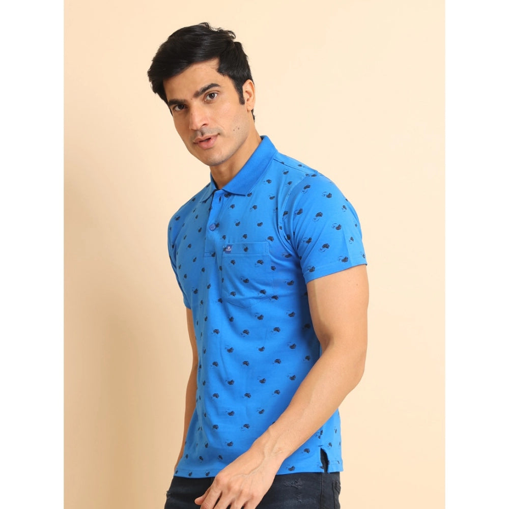 Men's Casual Cotton Printed Polo Neck Half Sleeve T-Shirt (Blue)