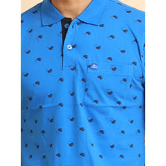 Men's Casual Cotton Printed Polo Neck Half Sleeve T-Shirt (Blue)