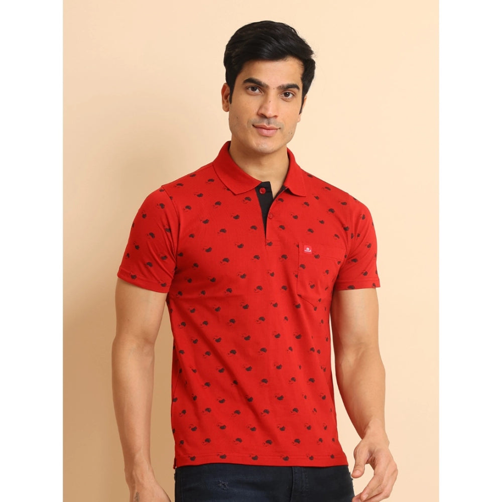 Men's Casual Cotton Printed Polo Neck Half Sleeve T-Shirt (Red)