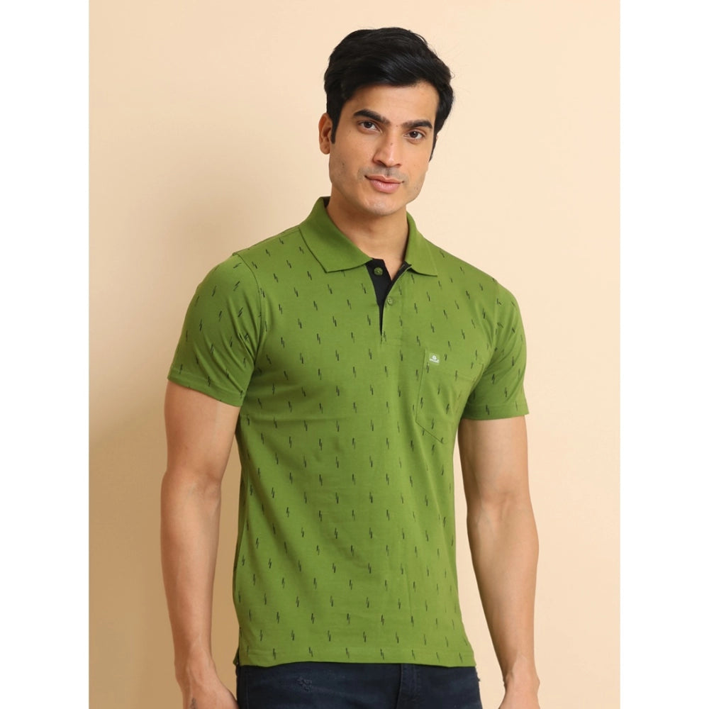 Men's Casual Cotton Printed Polo Neck Half Sleeve T-Shirt (Green)