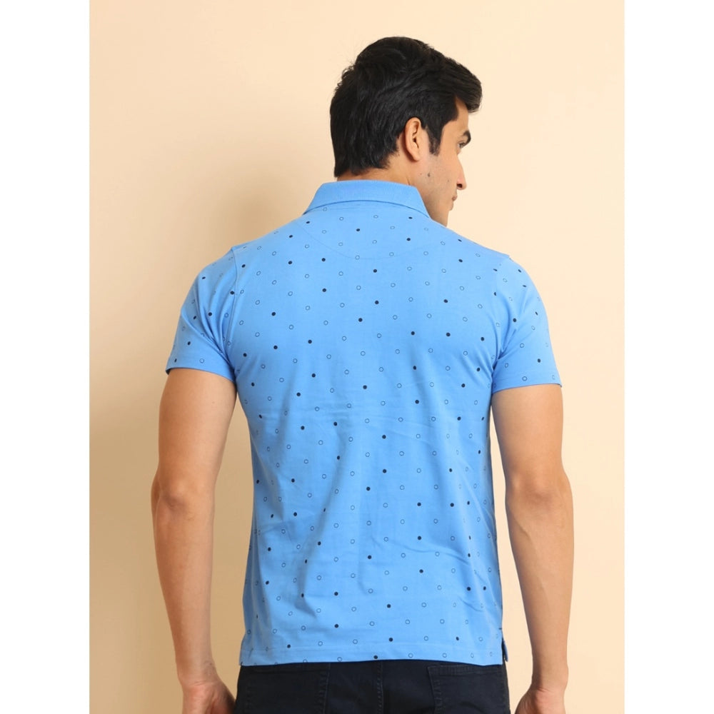 Men's Casual Cotton Printed Polo Neck Half Sleeve T-Shirt (Blue)