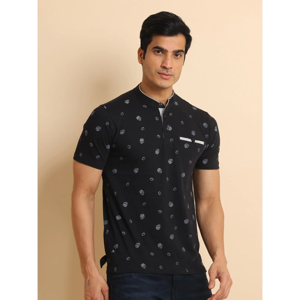 Men's Casual Cotton Printed Mandarin Collar Half Sleeve T-Shirt (Black)