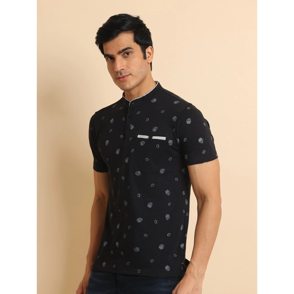 Men's Casual Cotton Printed Mandarin Collar Half Sleeve T-Shirt (Black)