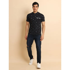 Men's Casual Cotton Printed Mandarin Collar Half Sleeve T-Shirt (Black)