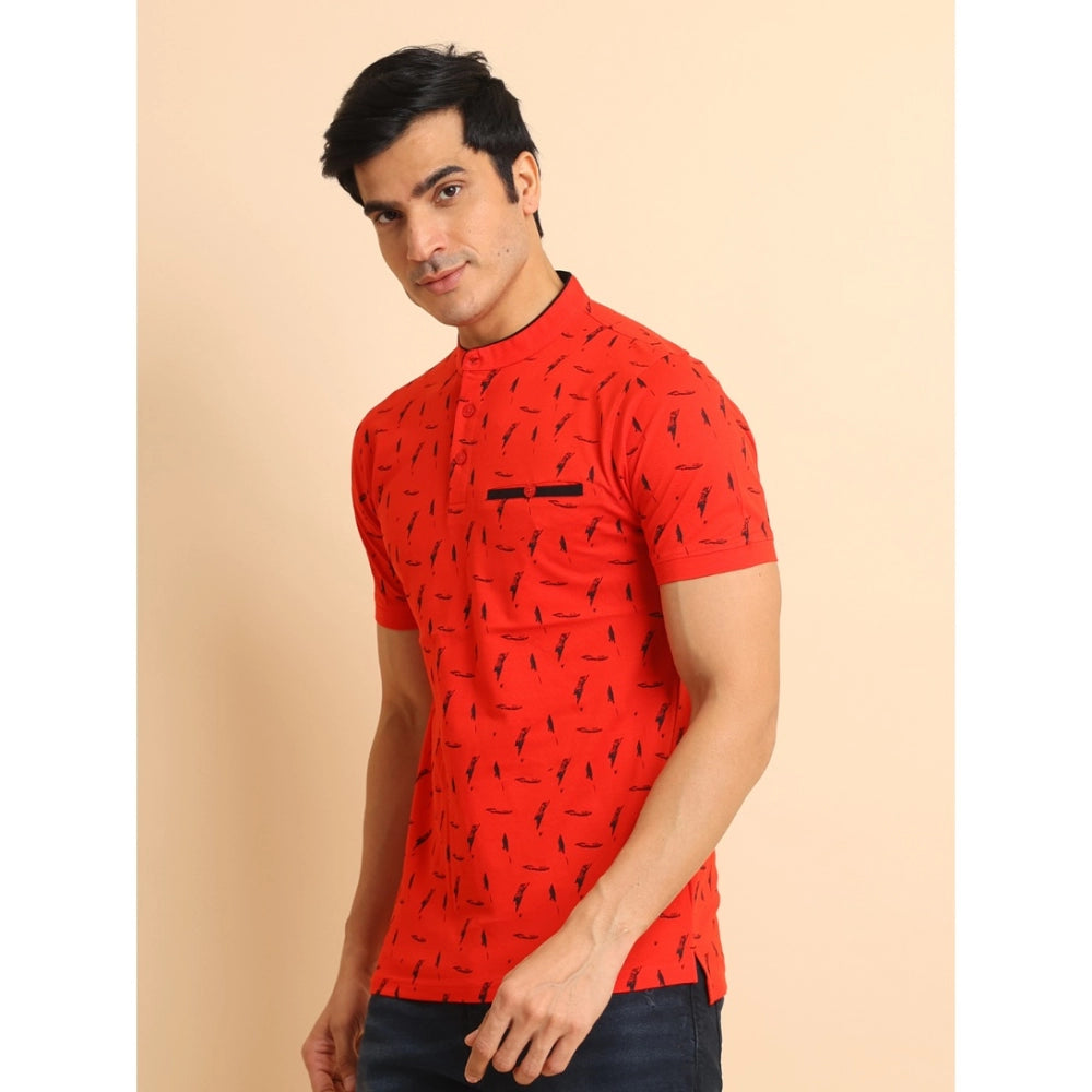 Men's Casual Cotton Printed Mandarin Collar Half Sleeve T-Shirt (Red)