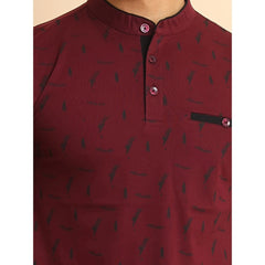 Men's Casual Cotton Printed Mandarin Collar Half Sleeve T-Shirt (Plum)