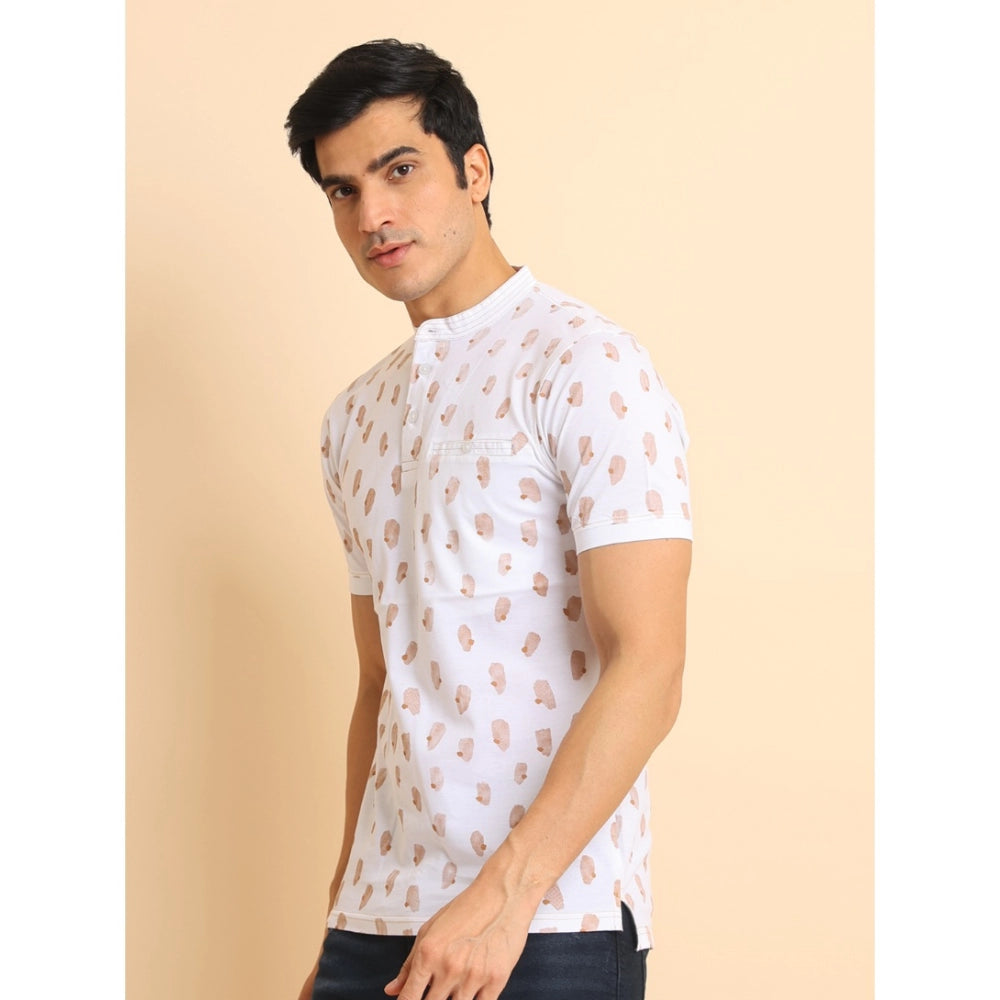 Men's Casual Cotton Printed Mandarin Collar Half Sleeve T-Shirt (White)