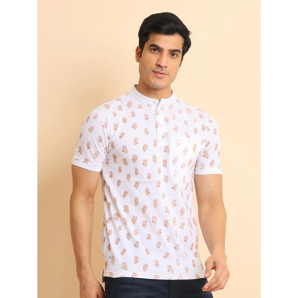 Men's Casual Cotton Printed Mandarin Collar Half Sleeve T-Shirt (White)