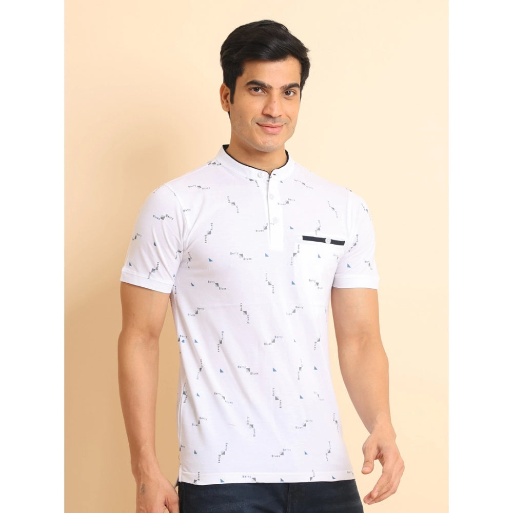 Men's Casual Cotton Printed Mandarin Collar Half Sleeve T-Shirt (White)