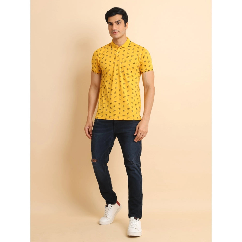 Men's Casual Cotton Printed Polo Neck Half Sleeve T-Shirt (Mustard)