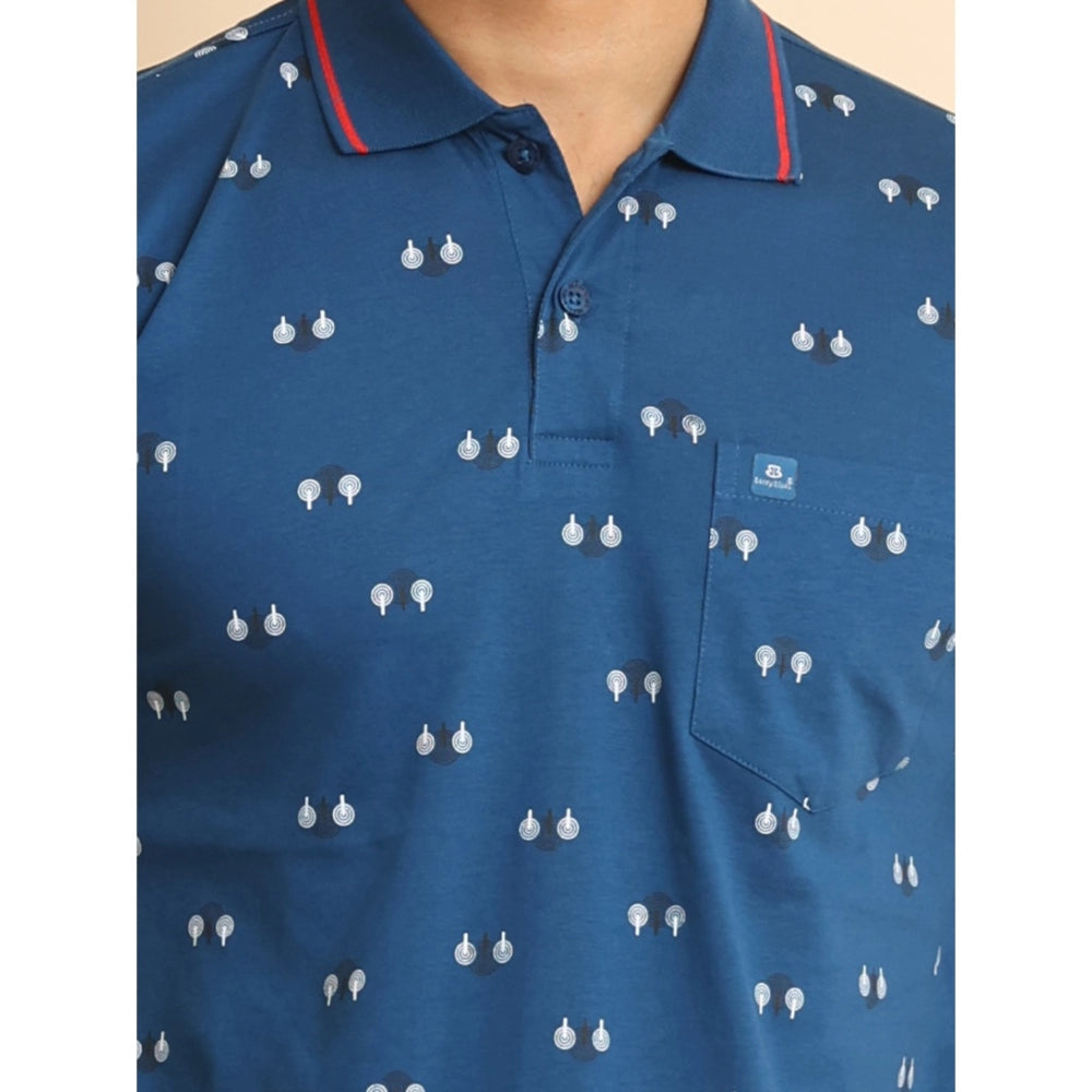 Men's Casual Cotton Printed Polo Neck Half Sleeve T-Shirt (Blue)