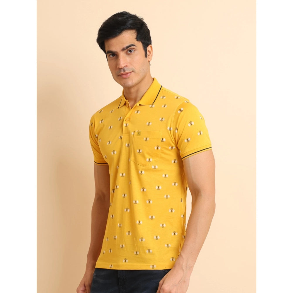 Men's Casual Cotton Printed Polo Neck Half Sleeve T-Shirt (Mustard)