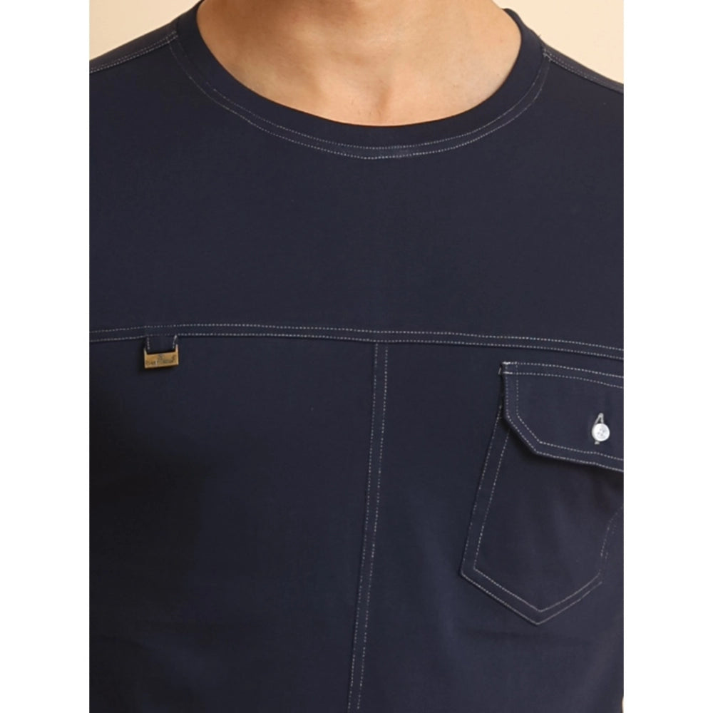 Men's Casual Cotton Solid Round Neck Half Sleeve T-Shirt (Navy)