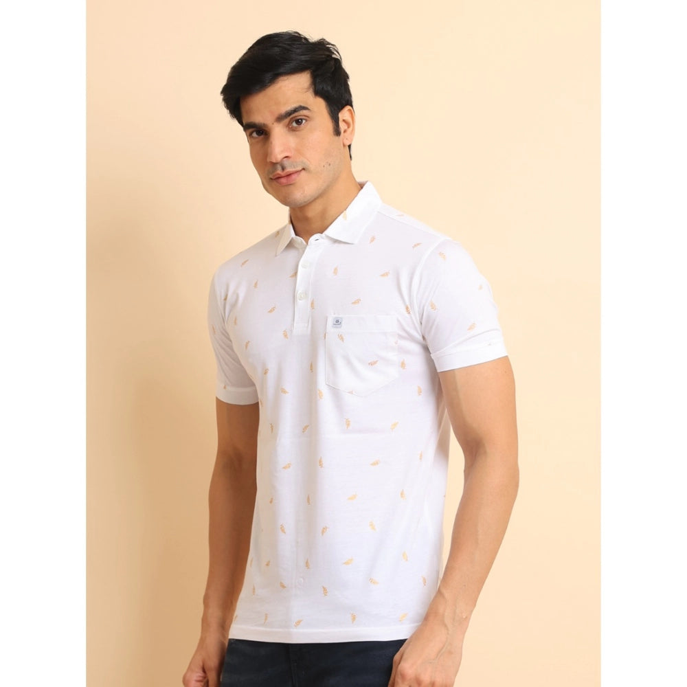 Men's Casual Cotton Printed Polo Neck Half Sleeve T-Shirt (White)