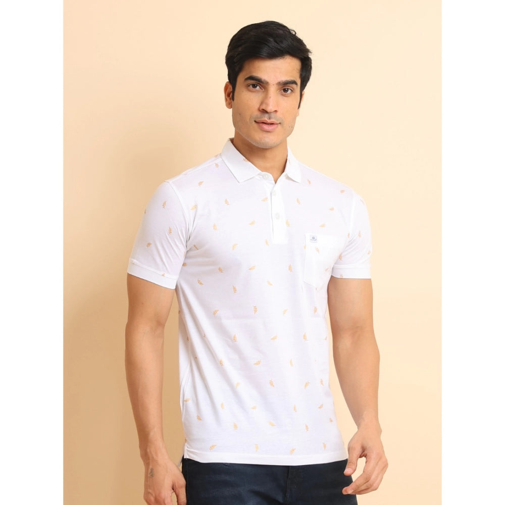 Men's Casual Cotton Printed Polo Neck Half Sleeve T-Shirt (White)