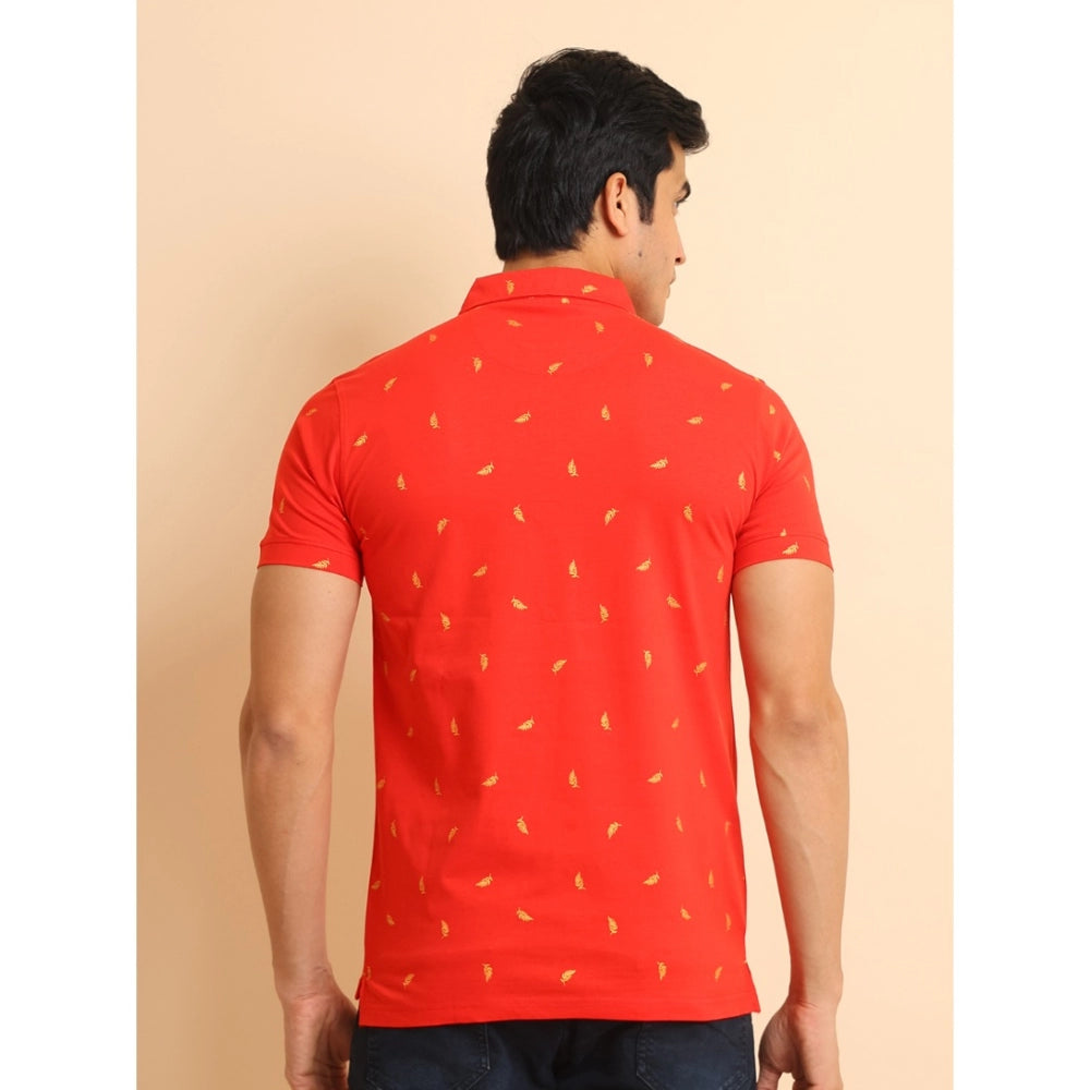 Men's Casual Cotton Printed Polo Neck Half Sleeve T-Shirt (Red)