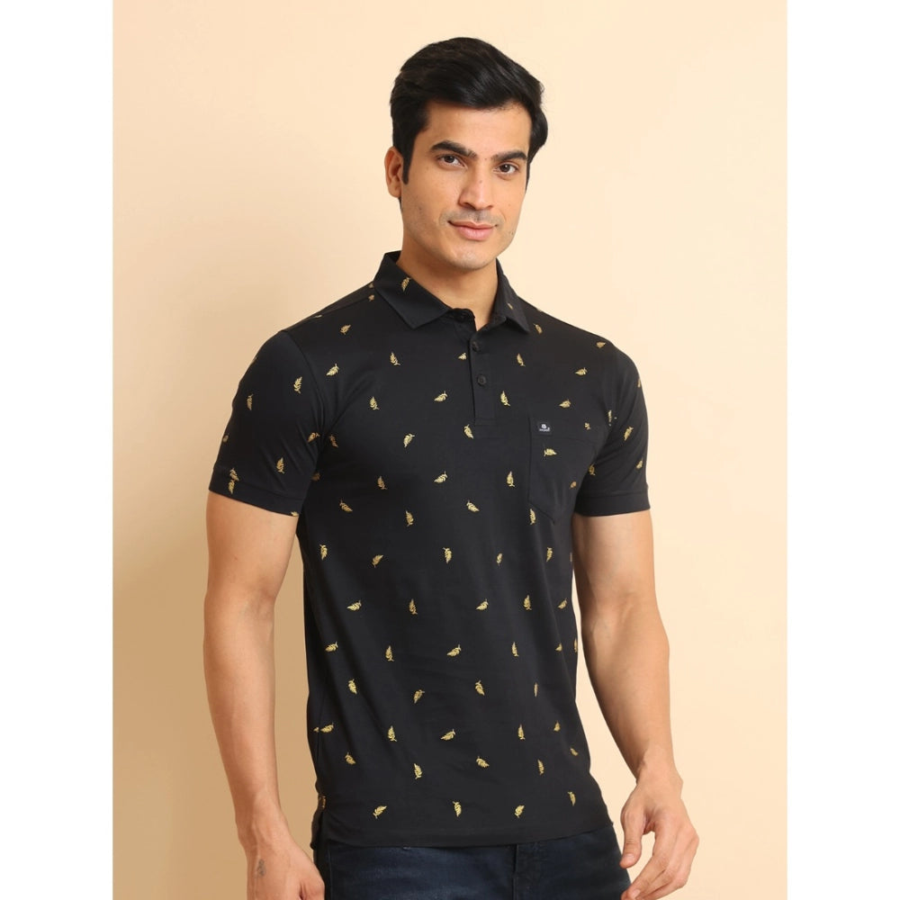 Men's Casual Cotton Printed Polo Neck Half Sleeve T-Shirt (Black)